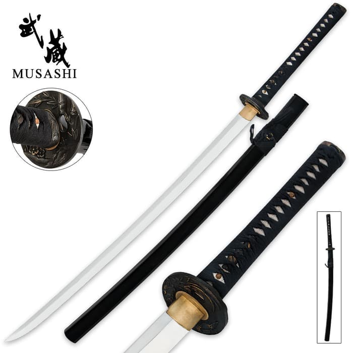Musashi katana with an ornate floral tsuba, black scabbard, and ray skin handle wrapped with black cord. 