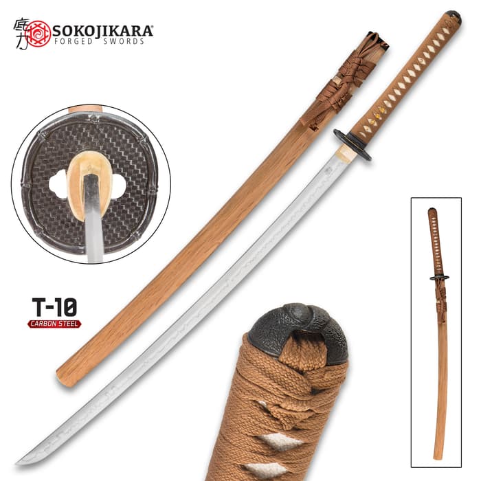 Sokojikara Bambusa Katana shown from various views, with detailed look at the pommel with lattice design and wood scabbard. 