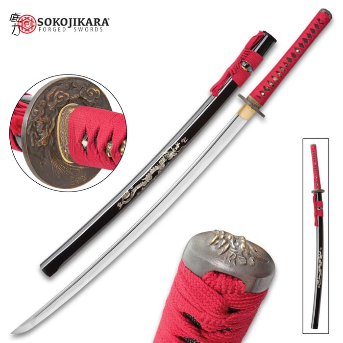 Sokojikara Pearl Zen Katana shown with bright red cord wrapping on the handle and scabbard and cast tsuba. 