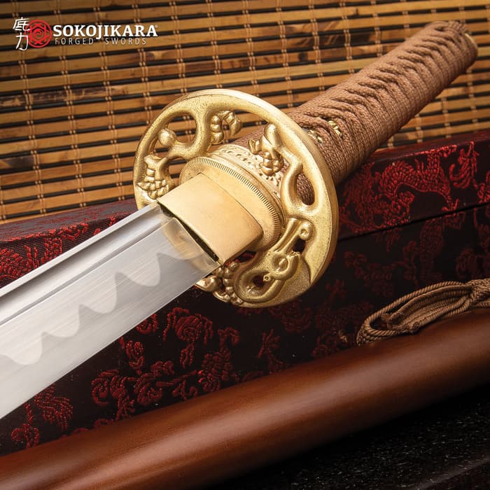 Sokojikara Dragon Wood Hand-Forged Katana - T10 High Carbon Steel Clay Tempered Blade, Genuine Ray Skin, Brass Tsuba And Pommel - Length 40 1/2”