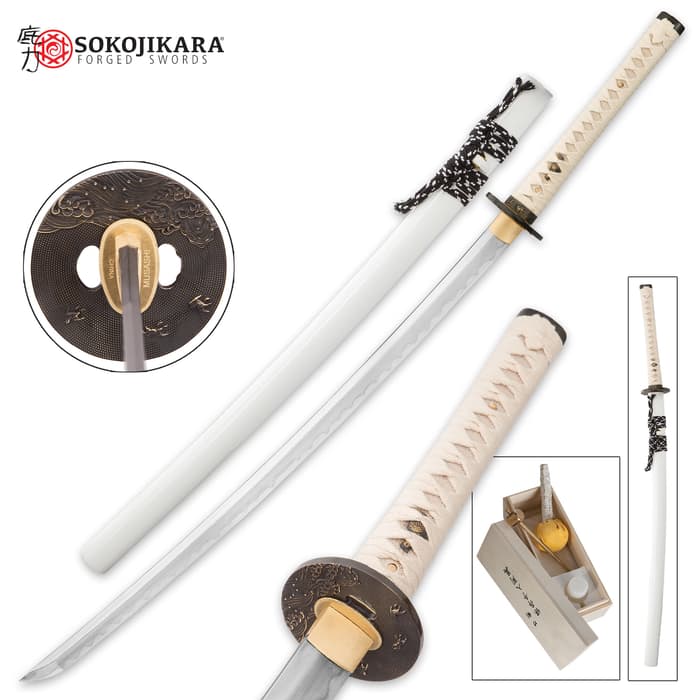 Sokojikara Falcon Katana shown with ornate tsuba, white scabbard, white cotton wrapped handle, and cleaning kit. 