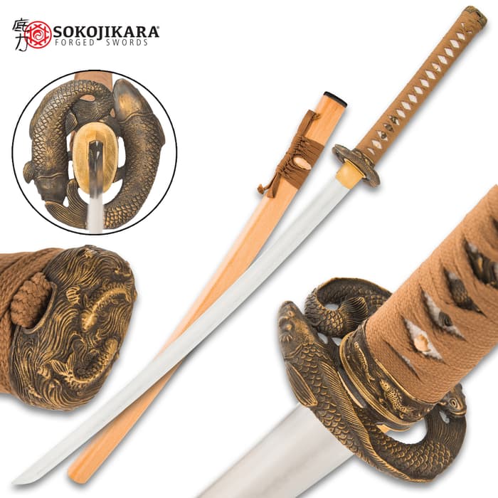 Sokojikara Twin Koi Katana And Scabbard - T10 Steel Blade, Genuine Rayskin, Cord-Wrapped Handle, Aged Brass Tsuba - Length 39 1/2”