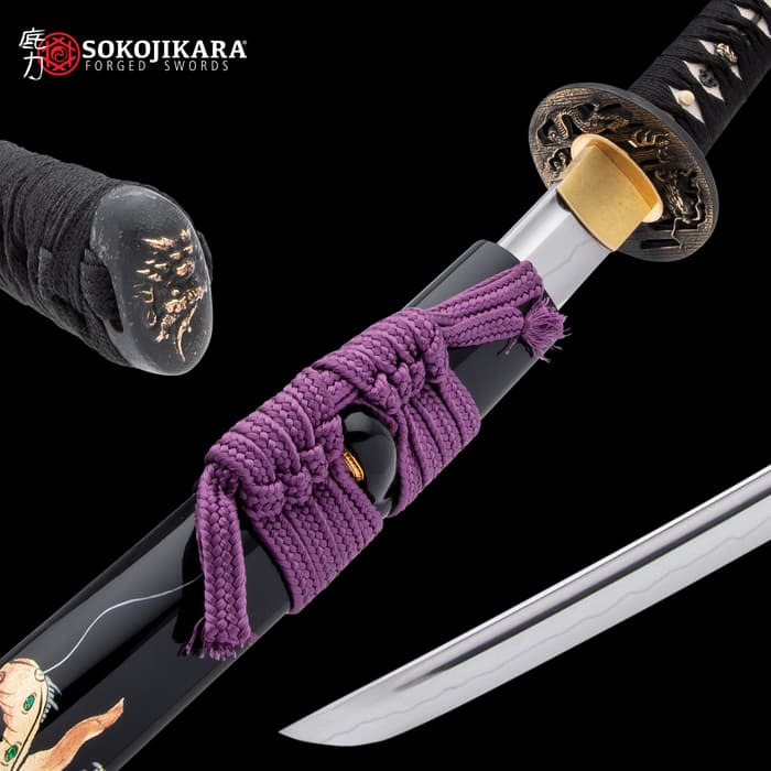 Sokojikara Emerald Dragon Katana And Scabbard - Hand-Forged 1060 Carbon Steel Blade, Genuine Rayskin, Brass Tsuba - Length 40”