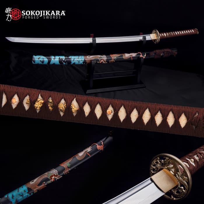 Sokojikara Shuilong Katana And Scabbard - Hand-Forged 1060 Carbon Steel Blade, Genuine Rayskin, Brass Tsuba - Length 40”