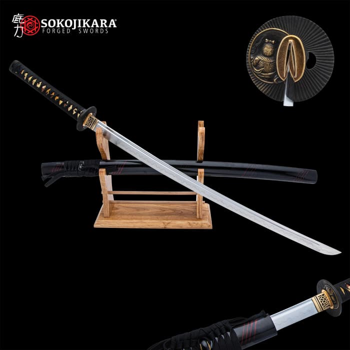 Sokojikara Demon Monk Katana And Scabbard - 1095 Carbon Steel Blade, Clay-Tempered, Genuine Rayskin, Teal Cord-Wrap - Length 40”
