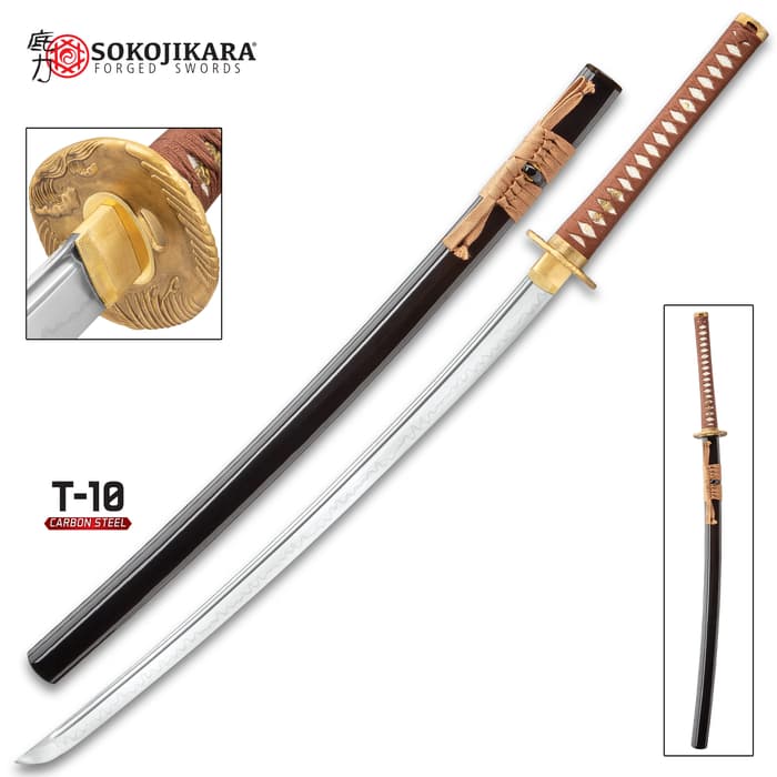 Sokojikara Golden Crane Katana And Scabbard - T10 Clay Tempered Steel Blade, Genuine White Rayskin, All Brass Fittings - Length 40”