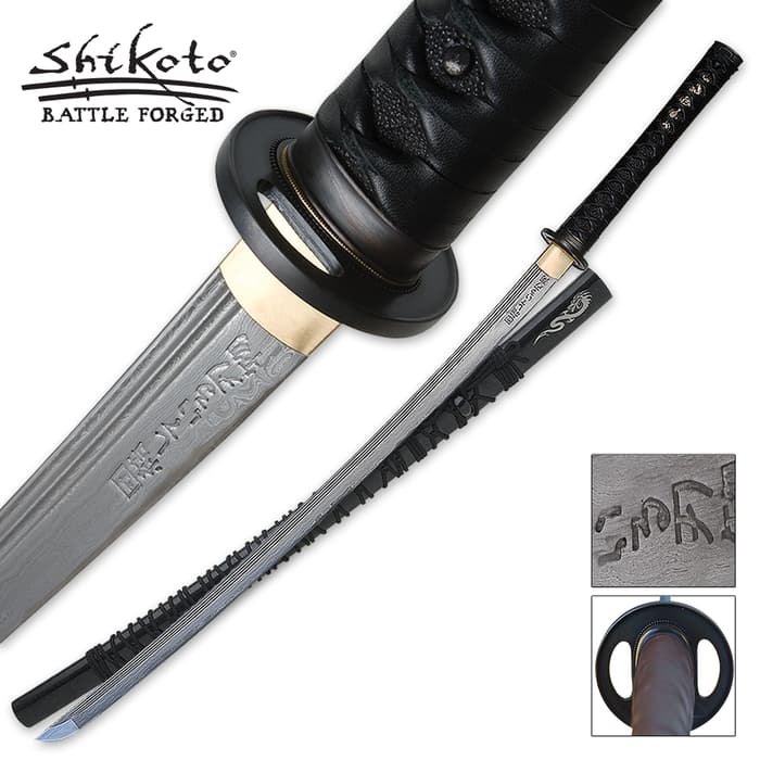 Shikoto japanese sword with damascus steel blade extended to a genuine ray skin handle laying next to wooden scabbard
