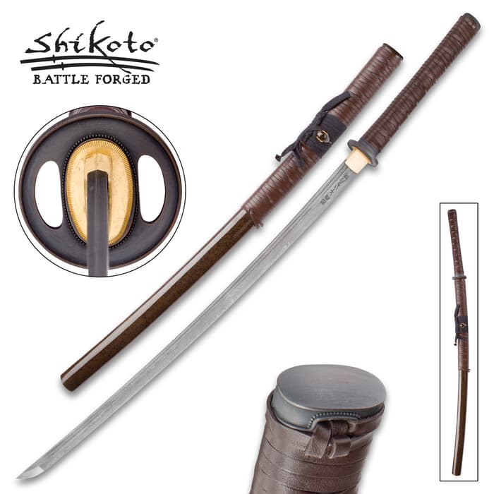 Shikoto Rurousha handmade katana shown with cast tsuba, wooden scabbard wrapped in leather to match the leather wrapped handle. 