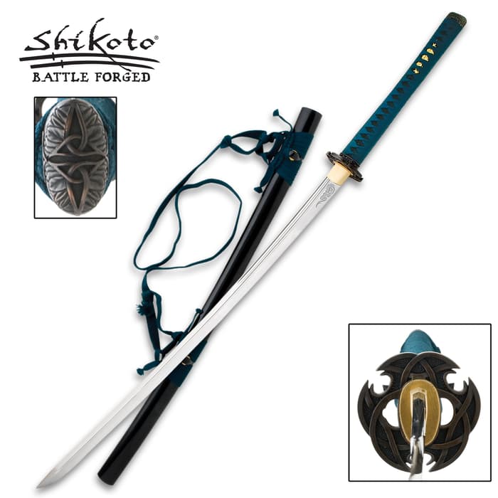 Shikoto Ao-Doragon katana features intricate metal guard and pommel, black scabbard with green hanging cord, and green cord wrapped handle. 