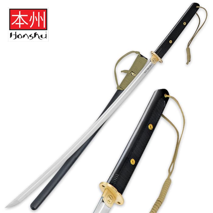 Honshu tactical katana has a carbon steel blade, black handle with brass accents, and cord wrapped black sheath. 