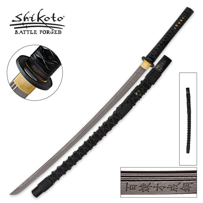 Shikoto Embassy Katana shown from various views, with engravings down the blade, cast metal tsuba and pommel, and scabbard.