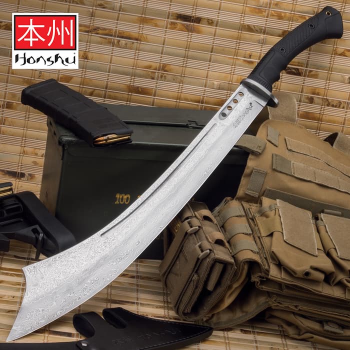 The Honshu Damascus War Sword represents a modern spin on a proven, time-tested sword design, boasting a sleek, contemporary look and serious muscle to back it up
