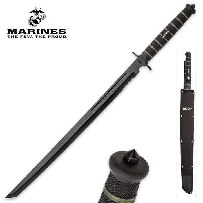 The USMC Blackout Combat Tanto Sword has a 19 3/4" AUS-6 stainless steel tanto blade, glass breaker pommel, and rubberized handle.