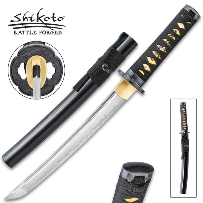 Shikoto Longquan Master Tanto With Scabbard- T10 High Carbon Steel, Hammer Forged, Clay Tempered, Tea-Dyed Rayskin - Length 20”