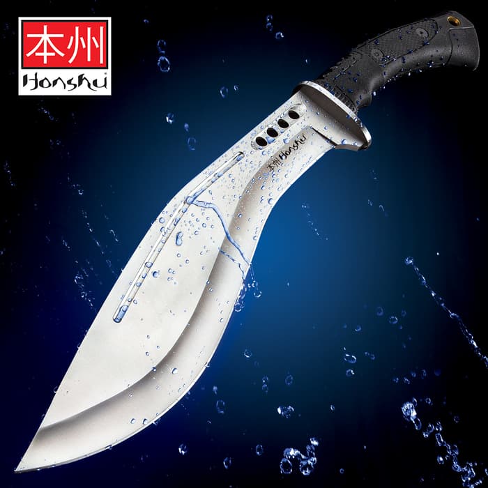 Honshu Boshin Kukri with a full-tang 13 1/8” 7Cr13 stainless steel blade with TPR handle shown on a blue background.