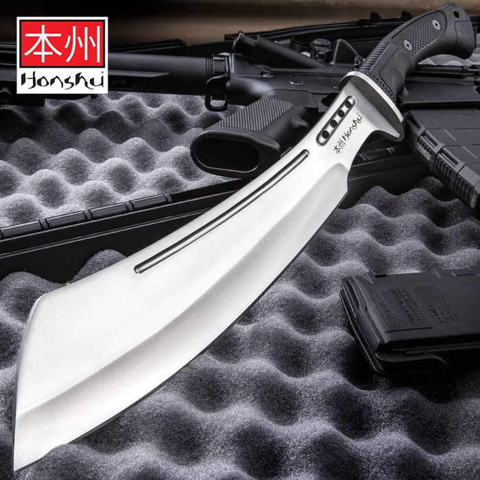 Honshu Boshin Parang With Leather Belt Sheath - 7Cr13 Stainless Steel Blade, Thru-Holes, Molded TPR Handle, Lanyard Hole - Length 19 1/2”