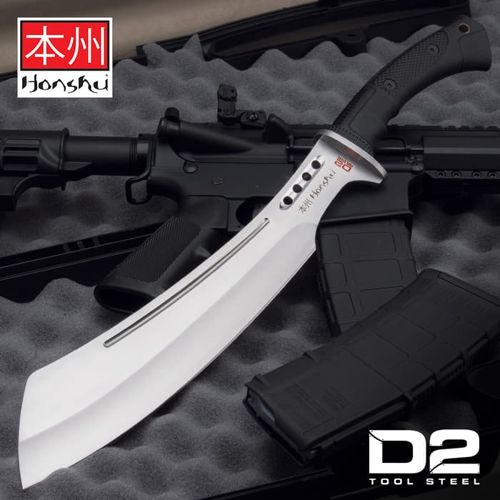 Honshu D2 Boshin Parang With Leather Belt Sheath - D2 Tool Steel Blade, Thru-Holes, Molded TPR Handle, Lanyard Hole - Length 19 1/2”