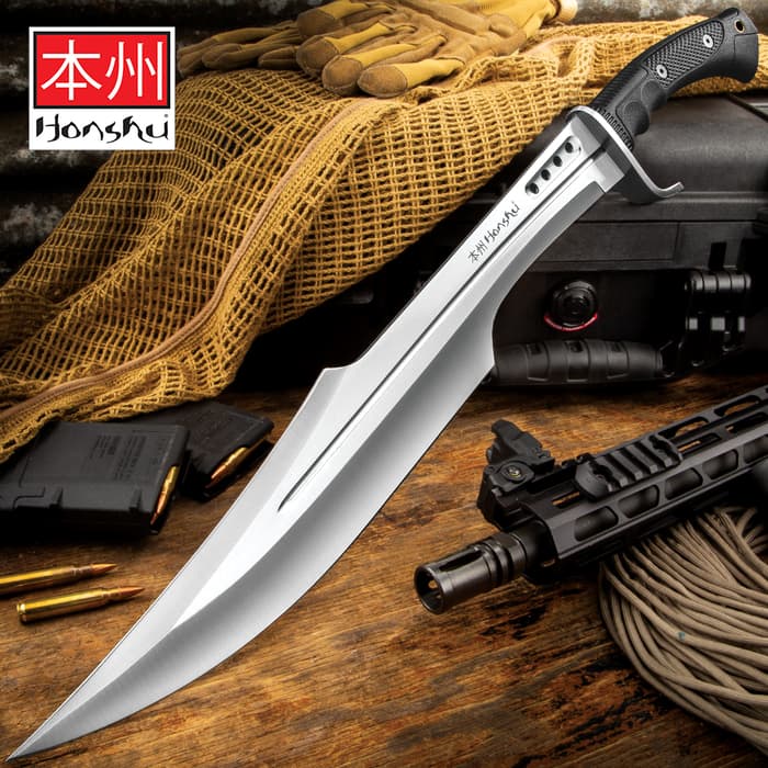 Honshu Spartan Sword And Sheath - 7Cr13 Stainless Steel Blade, Grippy TPR Handle, Stainless Steel Guard - Length 23”