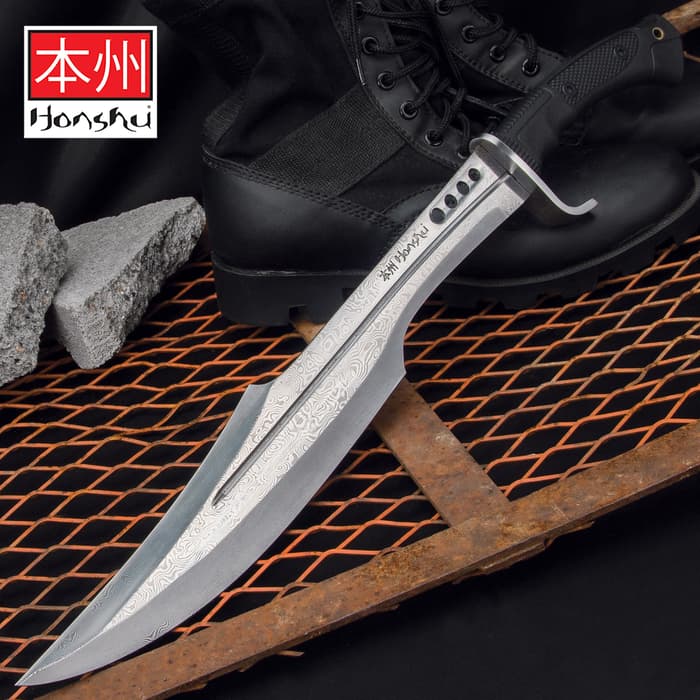 Honshu Damascus Spartan Sword And Sheath - Damascus Blade, Grippy TPR Handle, Stainless Steel Guard - Length 23”