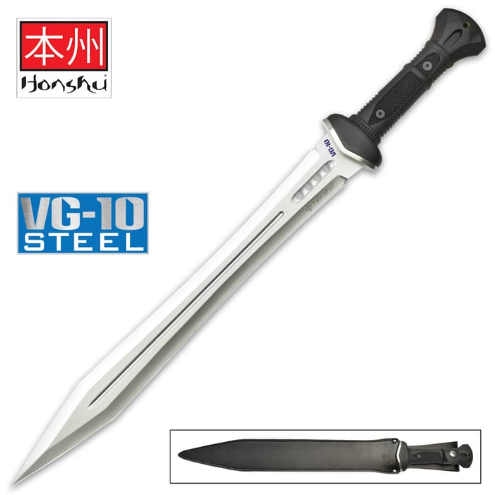 Honshu gladiator sword with VG-10 steel blade with black tpr handle near zoomed view of sword in a genuine leather belt sheath
