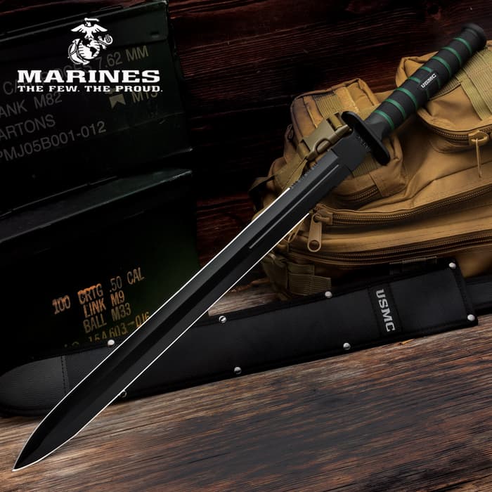 USMC Blackout Combat Double-Edged Sword with Nylon Sheath - AUS-6 Stainless Steel Blade, Rubberized Handle - Length 27 1/2”