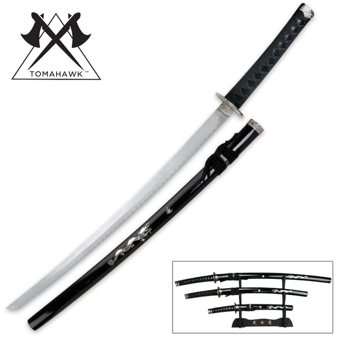 Tomahawk Black Dragon three piece sword set shown with black, mother-of-pearl accented scabbard and on black wooden display.