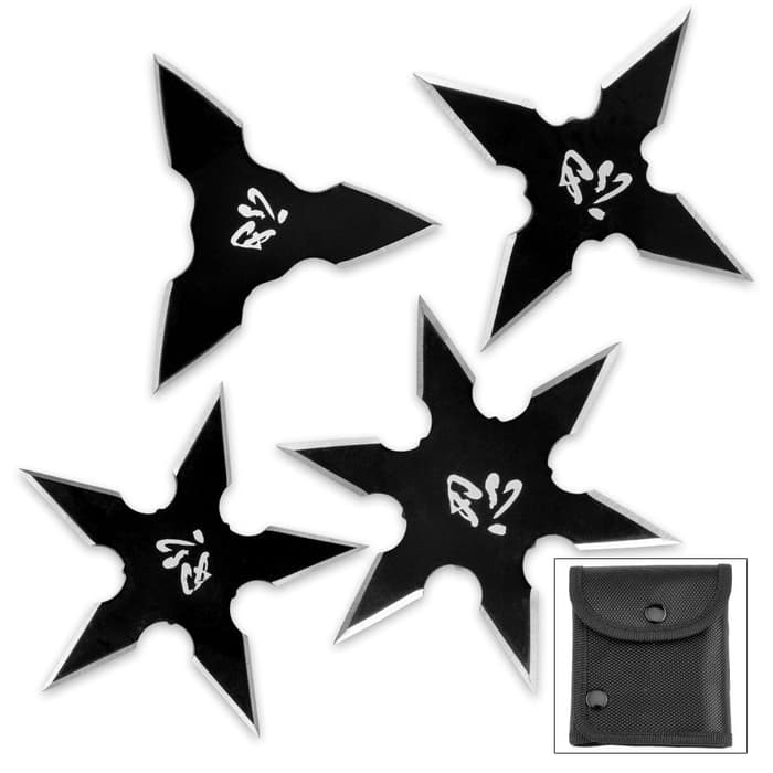 Kung Fu Four-Piece Ninja Throwing Star Set With Pouch