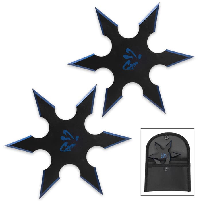 On Target Twin Six-Pointed Throwing Star Set with Nylon Pouch | Kanji Accents | Metallic Blue Edges