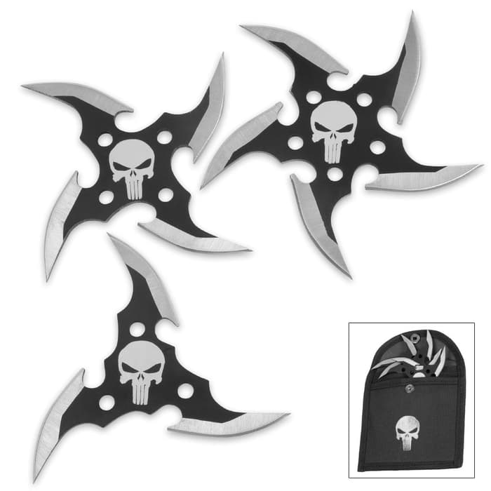 Punisher 3-Piece Throwing Star Set with Nylon Pouch