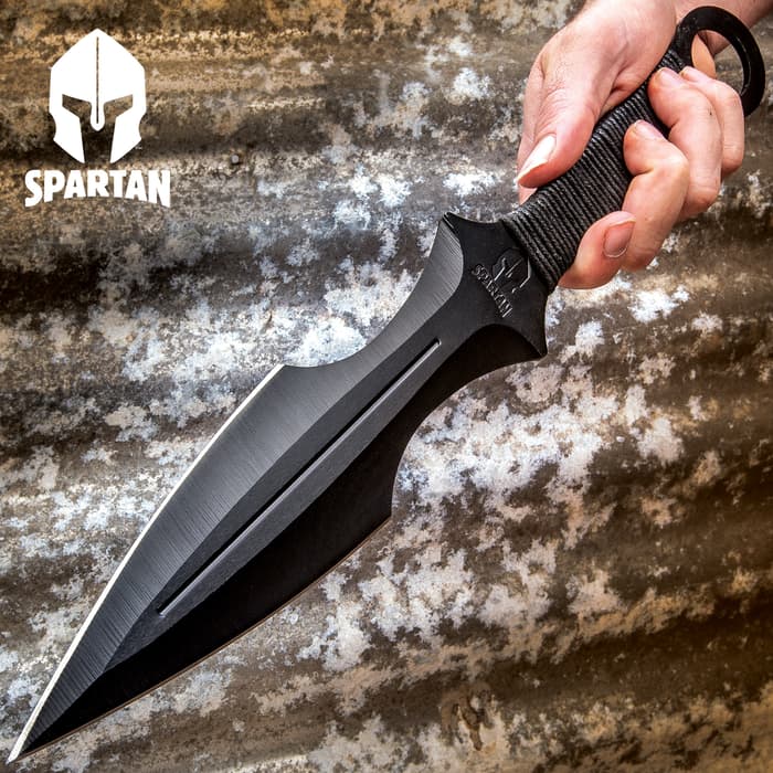 Super Spartan Throwing Dagger With Nylon Sheath - Stainless Steel Construction, Non-Reflective, Cord-Wrapped Handle - Length 14 3/4”