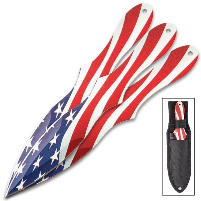 Old Glory Three-Piece Throwing Knife Set With Sheath - Stainless Steel Construction, 3-D Printed Flag Design - Length 7 3/5”
