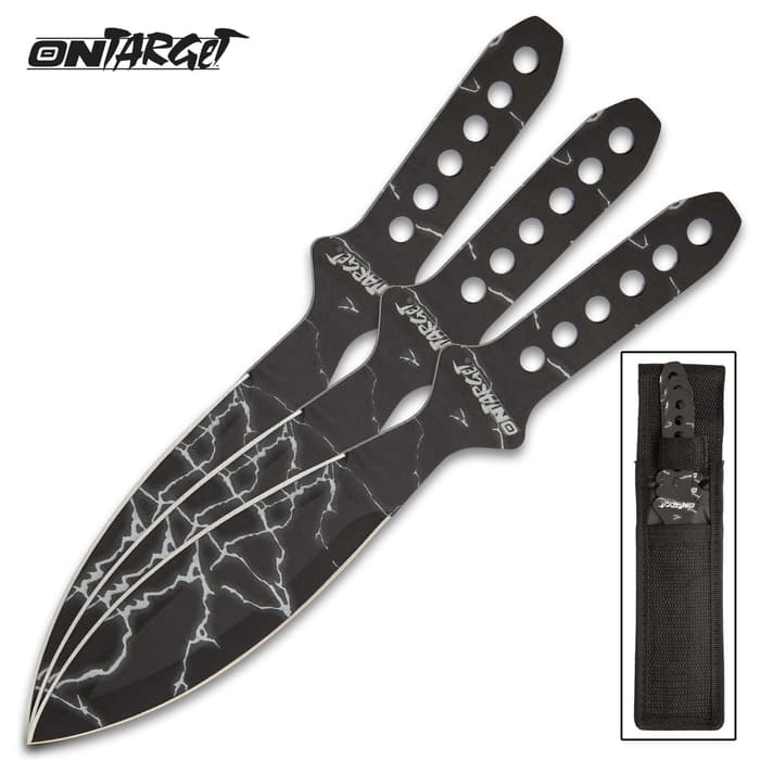 On Target Black Thunderbolt Throwing Knife Set - Three Pieces, One-Piece Stainless Steel Construction, Wrap-Around Graphic - Length 9”