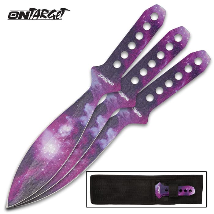 The On Target Galaxy Throwing Knife Set include three, galaxy printed throwing knives and black nylon pouch.