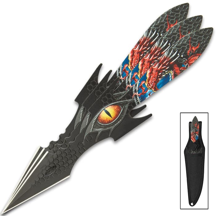 The Dragon Eye Throwing Knife Set makes a great addition to any fantasy collection! Striking, though it may be, this eye-catching set of throwing knives aren’t just for display