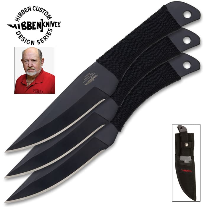Gil Hibben Black Triple Pro Throwing Knife Set With Nylon Sheath - Solid Piece Stainless Steel, Black Oxide Coated - 8 1/2" Length
