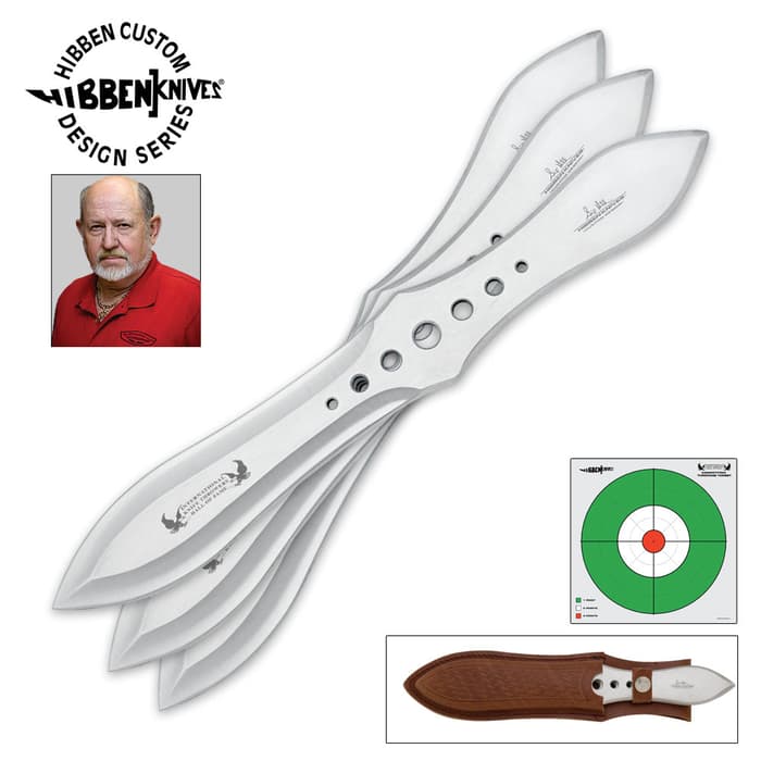 Gil Hibben Competition Throwing Knife Triple Set shows three stainless steel knives, brown sheath, and a target.