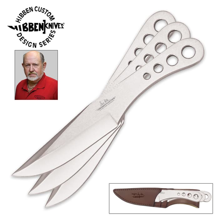 Gil Hibben Large Throwing Knife Set are each made of one piece of stainless steel and include a leather sheath.