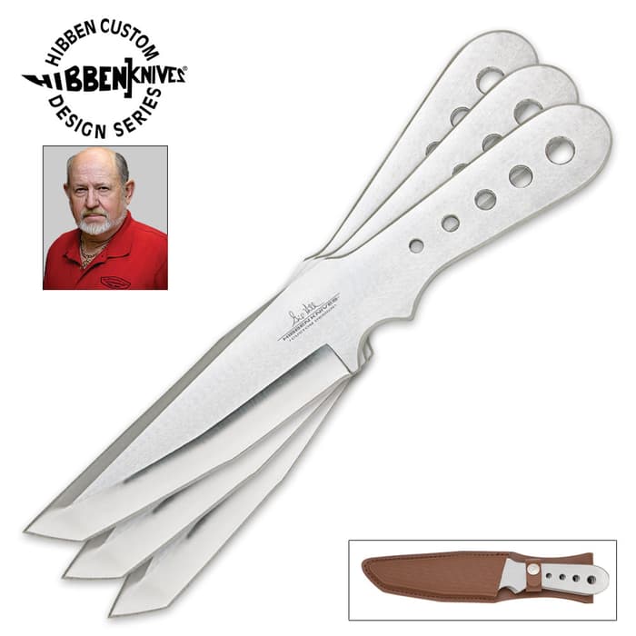 Gil Hibben Large Triple Throwing Knives shows three knives made of stainless steel with a leather belt sheath.