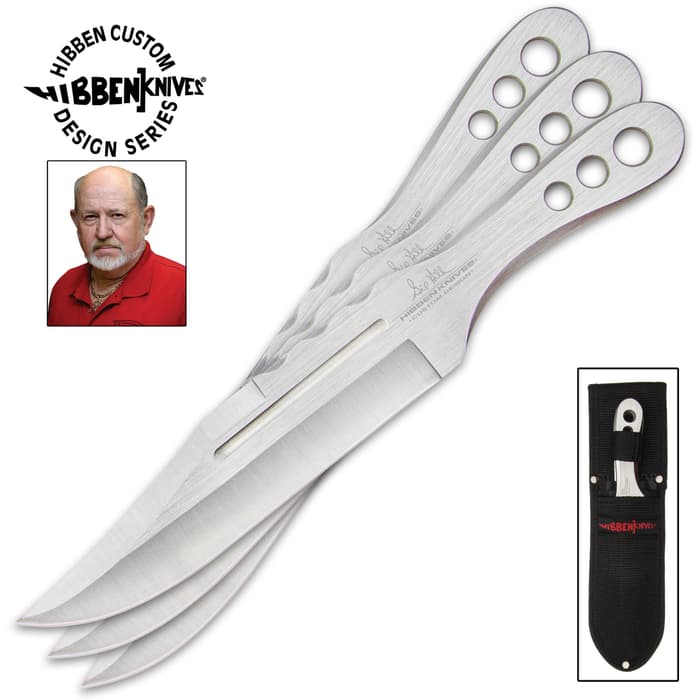 Hibben Throwing Knives Triple Set With Sheath - One-Piece 3Cr13 Stainless Steel, Clip Point, Through Holes