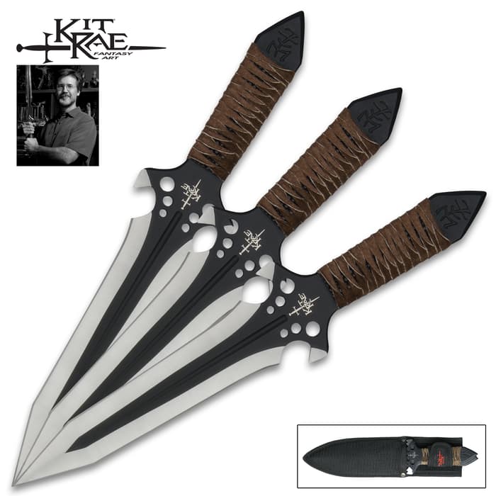 Kit Rae Hellhawk Throwing Knife Triple Set shows the three knives made of 3Cr13 stainless steel with leather wrapped grip.