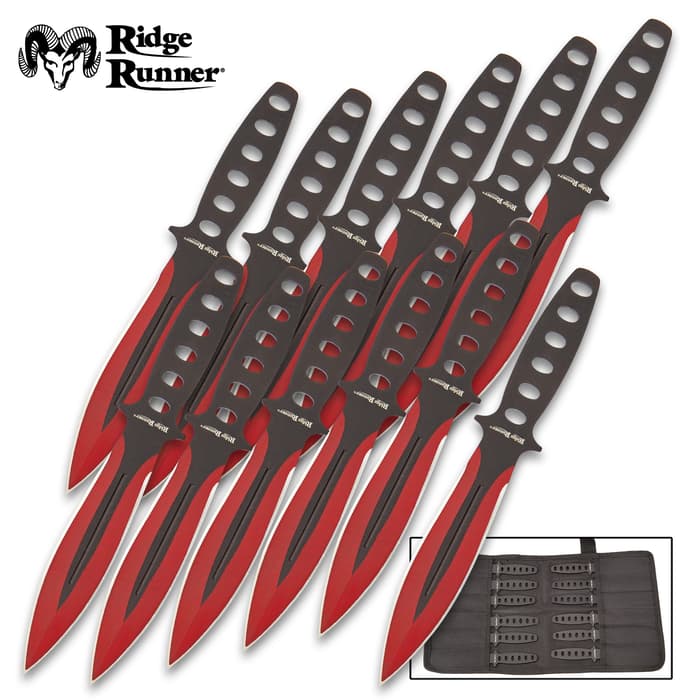 Ridge Runner Searing Red Throwing Set has 12 knives, each made from one piece of stainless steel with metallic red and black finish.