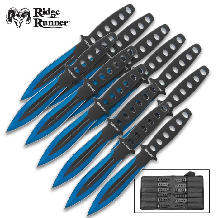 Ridge Runner Arctic Blue Throwing Knife Set And Sheath - 12 Pieces, Solid Stainless Steel Construction, Penetrating Point - Length 5 3/4”
