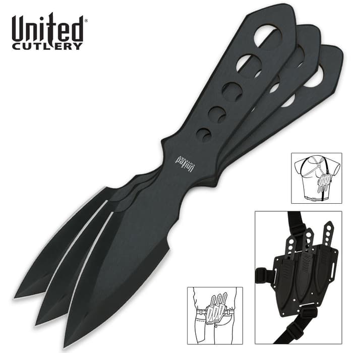 United Cutlery Lightning Bolt Triple Throwing Set - 3Cr13 Stainless Steel Construction, Non-Reflective Finish, Double-Edged Blades, ABS Sheath - Length 5 1/2"