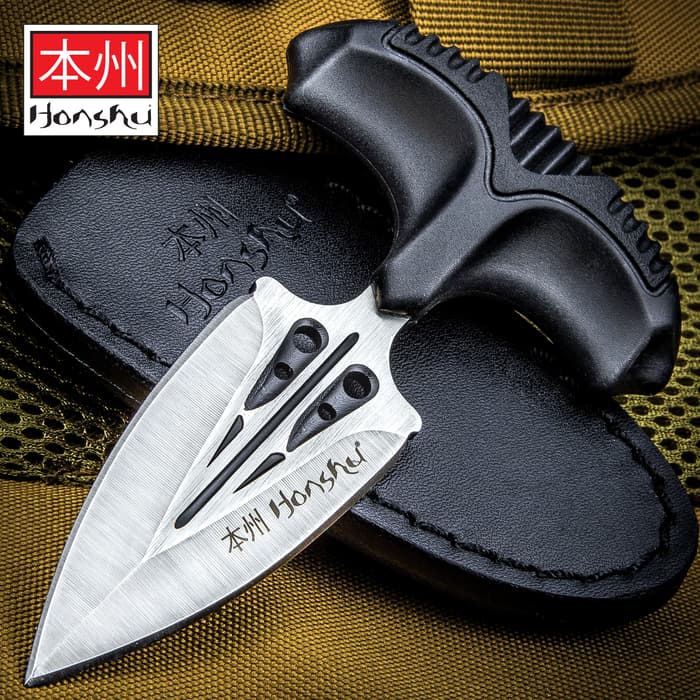 Honshu Small Covert Defense Push Dagger And Sheath - 7Cr13 Stainless Steel Blade, Molded TPR Handle - Length 4 3/4”
