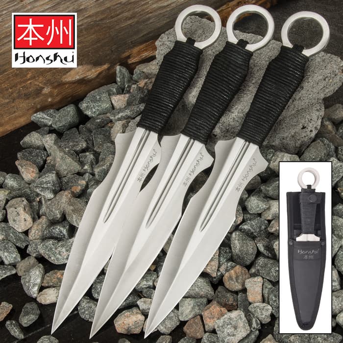 Honshu Kunai Set With Sheath - One-Piece 3Cr13 Stainless Steel Construction, Cord-Wrapped Handles, Open-Ring Pommel - Length 12”