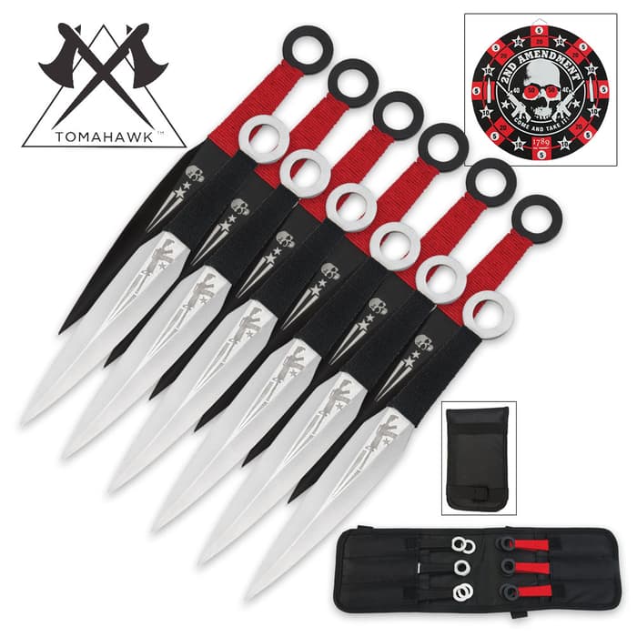 Second Amendment Throwing Knife Set is a 12 piece set with Second Amendment themed target artwork and custom nylon carry case.