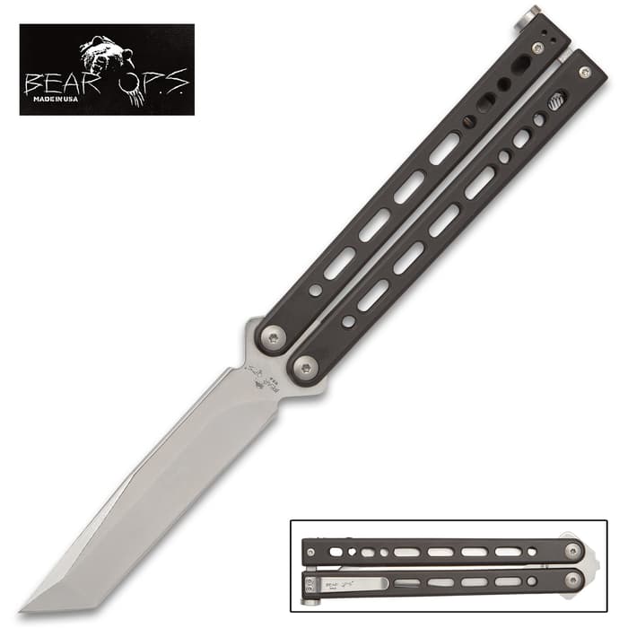 The Bear Song VIII Black Tanto Butterfly Knife is put together entirely with Torx screws and the flipping mechanism rides smoothly on ball-bearing washers