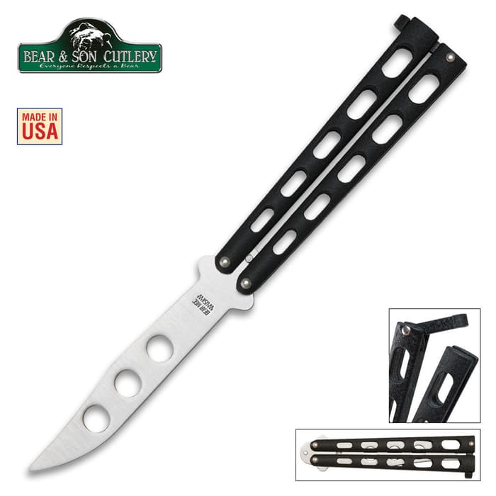 Bear & Son Butterfly Knife Trainer has a 4” 440C high carbon stainless steel blade with balancing holes and black handle.