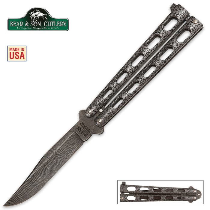 Bear & Son Silver Vein Butterfly Knife has a 5” Damascus steel blade with epoxy powder-coated handles.