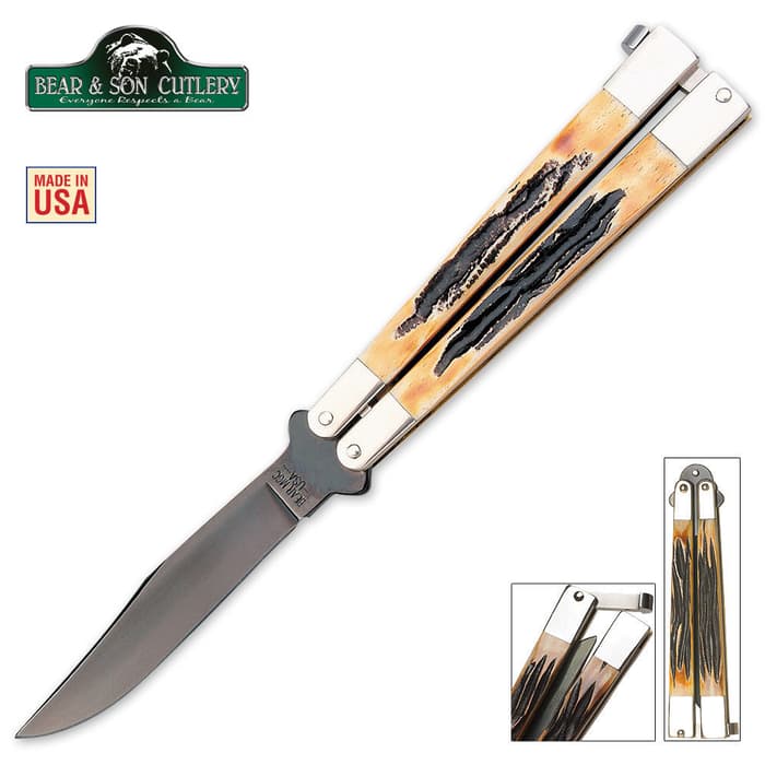Bear & Son Butterfly Knife India Stag Bone
